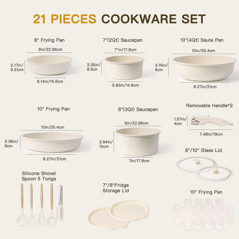 21 Piece Pots and Pans Set Non-Stick,  Ceramic Cookware Set with Sensor Handles, Milky White