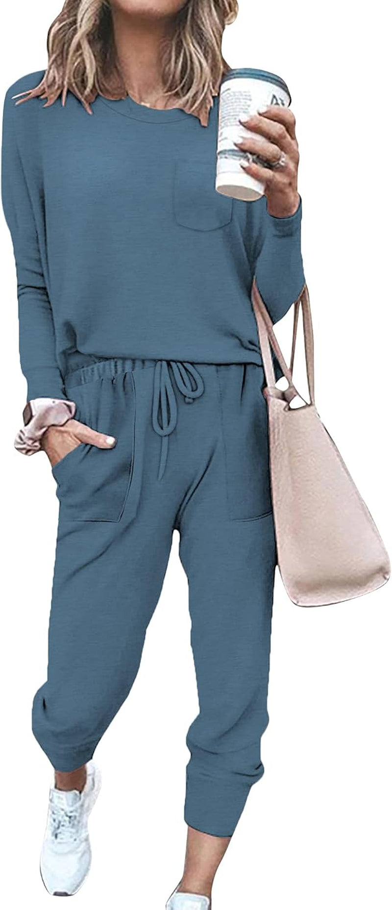 2 Piece Outfits for Women Solid Color Loungewear Loose Tracksuit Set Blue S